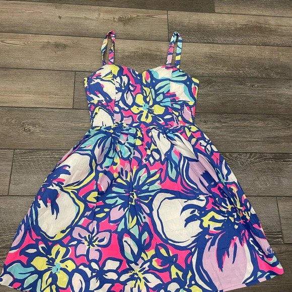 LILLY PULITZER DRESS BRIGHT PINK BLUE FLORAL WOMENS SZ 0 STRAPS RUCHED SUNDRESS - Picture 2 of 10